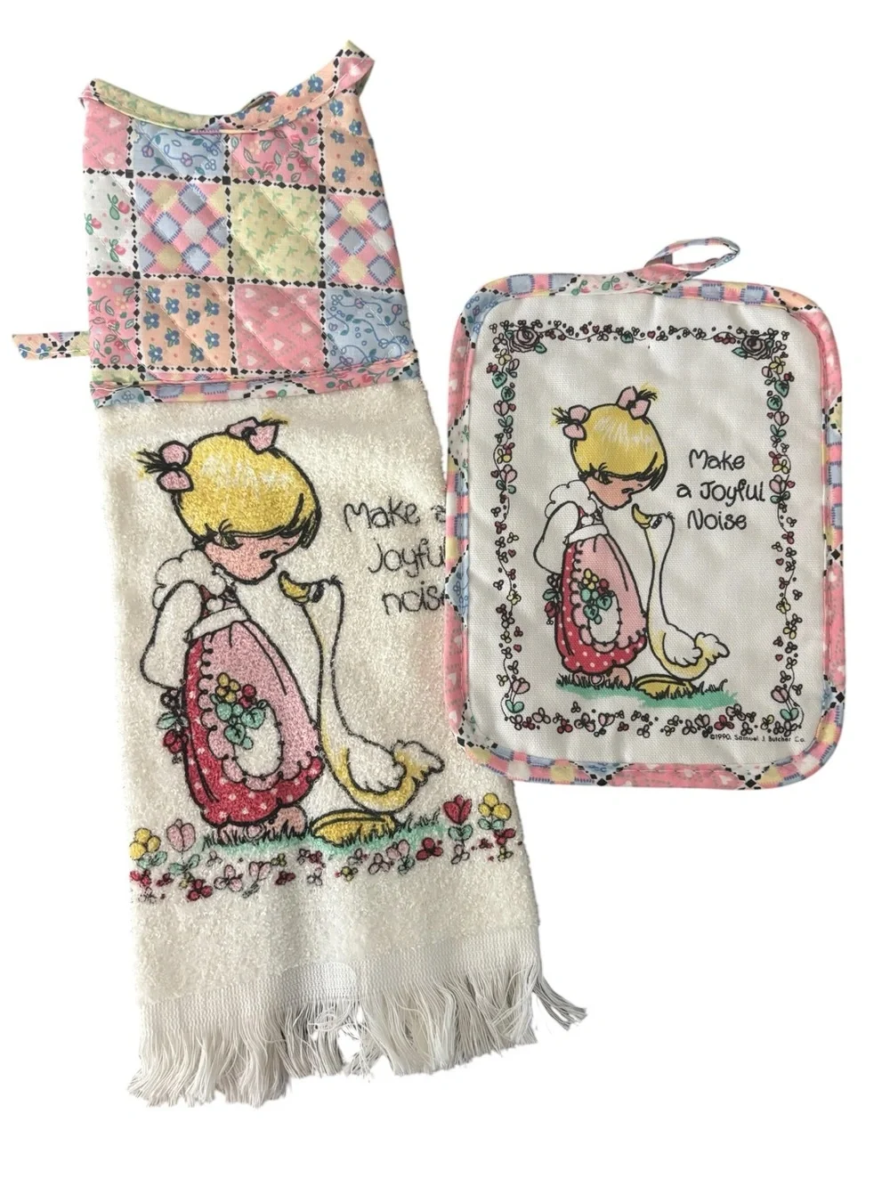 Precious Moments 90s Dish Towel Pot Holder Set Make a Joyful Noise VTG Cottage